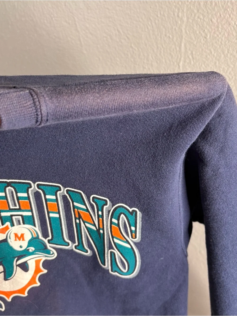 STARTER Navy Miami Dolphins Crewneck with Teal & Orange Logo